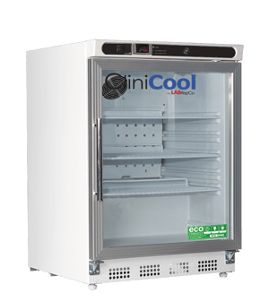 LabRepCo CliniCool Silver Series Prime 4.6 Cu. Ft. built-in undercounter Medical-Grade Refrigerator for Vaccine Storage with a closed glass door and a metal pull handle