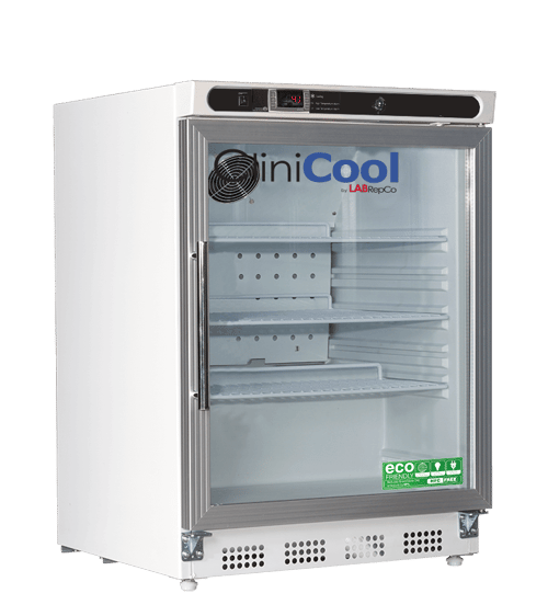 LabRepCo CliniCool Silver Series Prime 4.6 Cu. Ft. built-in undercounter Medical-Grade Refrigerator for Vaccine Storage with a closed glass door and a metal pull handle