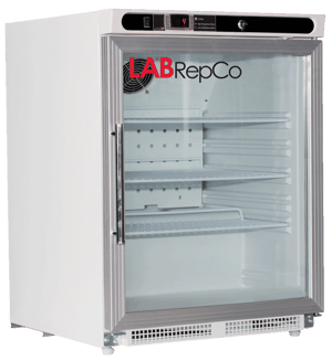 LabRepCo labeled undercounter 4.6 Cu.Ft. laboratory refrigerator with closed glass door that can be built in