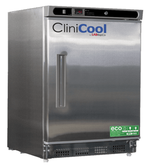 LabRepCo CliniCool Silver Series 4.5 Cu. Ft. built-in undercounter Medical-Grade Refrigerator for Vaccine Storage with a closed solid door, recessed handle and stainless steel exterior
