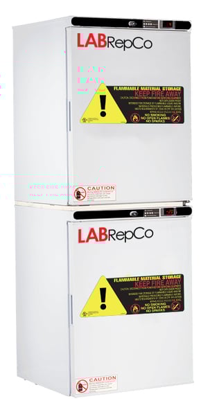 Labrepco laboratory Refrigerator Freezer Stacked Combo unit for flammable material storage with a labrepco label and warning stickers on upper and lower solid doors