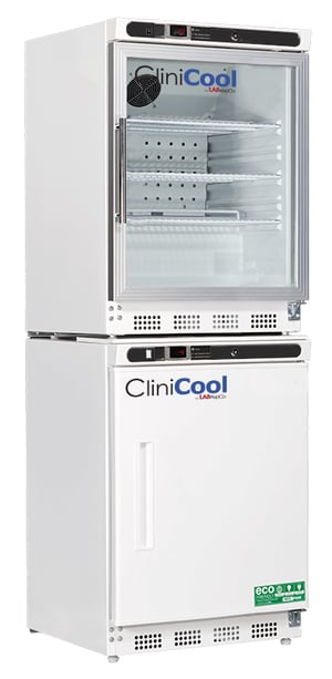 labrepco clinicool 9 cu.ft. Pharmacy/Vaccine Refrigerator and Freezer Stacked Combo unit with a glass upper door that has a metal pull handle and solid lower door