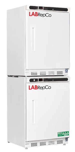 Labrepco laboratory Refrigerator Freezer Stacked Combo unit with upper and lower solid doors with recessed door handles, 9 total cu.ft.