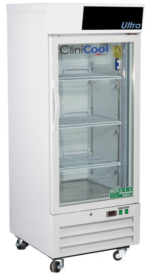 A LabRepCo branded CliniCool labeled Ultra Series 12 Cu. Ft. Pharmacy/Vaccine Refrigerator with a Hinged Glass Door that is closed and pull handle