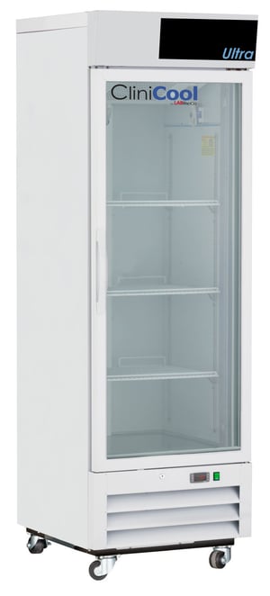 CliniCool labeled Ultra Series 16 Cu. Ft. Pharmacy/Vaccine Refrigerator with closed Hinged Glass Door, pull handle and temperature display at the bottom of the unit