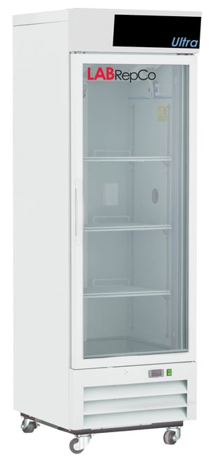 A labrepco 16 cu. ft. chromatography refrigerator with a closed glass door, pull handle and casters