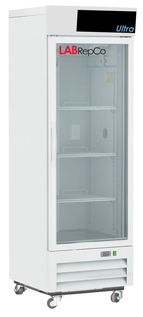 A labrepco 16 cu. ft. chromatography refrigerator with a closed glass door, pull handle and casters