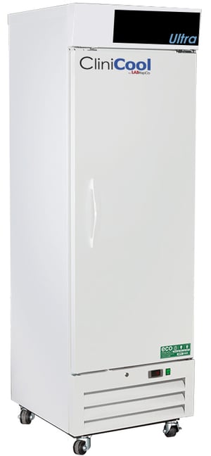 CliniCool labeled Ultra Series 16 Cu. Ft. Pharmacy/Vaccine Refrigerator with closed Hinged solid Door, pull handle and temperature display at the bottom of the unit