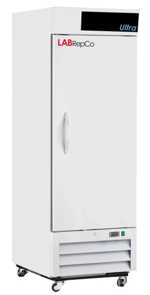 A labrepco 23 cu. ft. lab fridge with a closed solid door, pull handle and casters