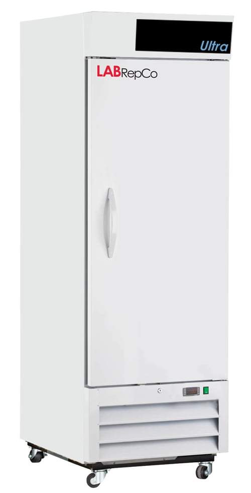 A labrepco 23 cu. ft. lab fridge with a closed solid door, pull handle and casters