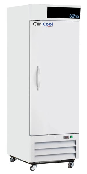 LabRepCo CliniCool© Ultra Series 23 Cu. Ft. Pharmacy/Vaccine Refrigerator with a Solid Door that is closed, pull handle, casters and a temperature display at the bottom of the unit