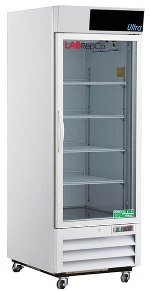 a labrepco Ultra series labeled 23 cu. ft. laboratory refrigerator with a closed glass door and casters