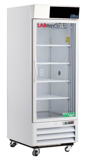 A labrepco 26 cu. ft. chromatography refrigerator with a closed glass door, pull handle and casters