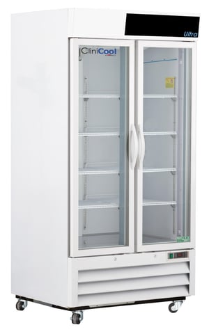 LabRepCo CliniCool© Ultra Series 36 Cu. Ft. Pharmacy/Vaccine Refrigerator with closed Hinged Glass Doors that have pull handles.