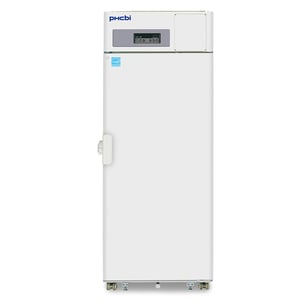 PHCbi labeled freezer with 24.4 Cu. Ft. interior capacity with solid white door that is closed. Also has a small display screen