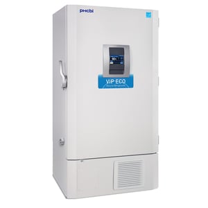 PHCbi brand TwinGuard labeled Series freezer with 25.7 Cu. Ft. interior capacity with solid white door that is closed with a pull lever handle. Has eye level touch screen display