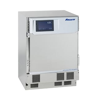 A Follett brand undercounter blood bank refrigerator with a 4.5 cubic foot internal capacity and a stainless steel exterior