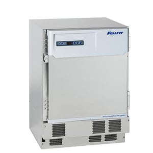 A Follett brand performance plus series undercounter medical refrigerator with a 4.5 cu. ft. internal capacity and a stainless steel exterior with closed door