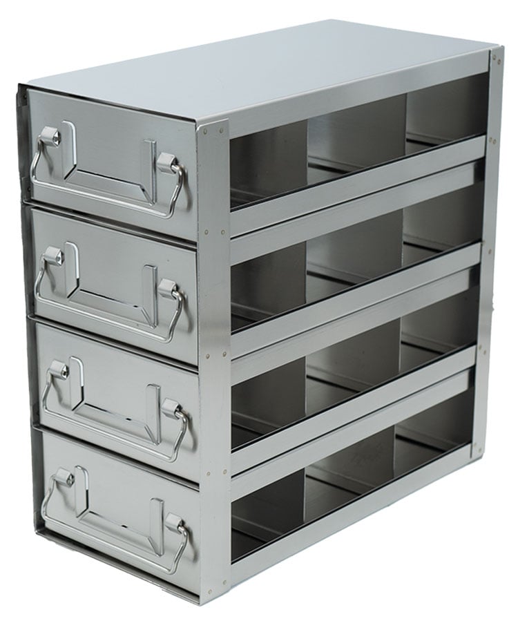 Stainless Steel Upright Freezer Drawer Rack for MATRIX Boxes, FluidX Boxes & Micronic Racks – 12 Box Capacity – 10.7″ (L) x 10.6″ (H)