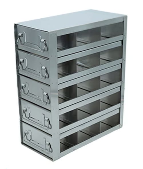 Stainless Steel Upright Freezer Drawer Rack for MATRIX Boxes, FluidX Boxes & Micronic Racks - 15 Box Capacity - 10.7" (L) x 13.2" (H)