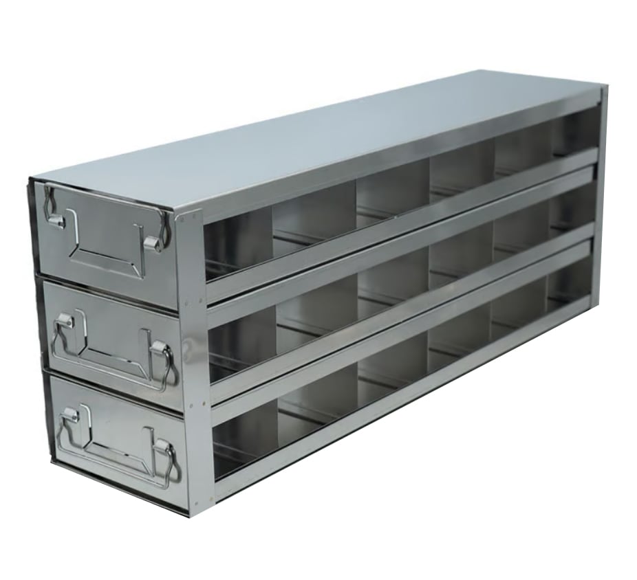 Stainless Steel Upright Freezer Drawer Rack for MATRIX Boxes, FluidX Boxes & Micronic Racks – 18 Box Capacity – 21.2″ (L) x 8″ (H)