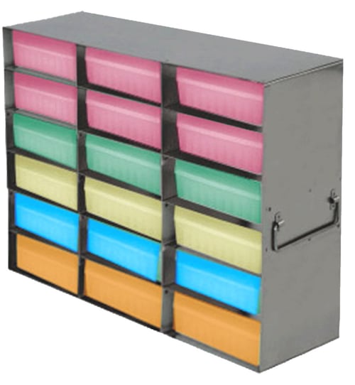 Upright Freezer Racks for 100-Cell Hinged Plastic Storage Boxes | 18 Boxes Total | Orange Boxes