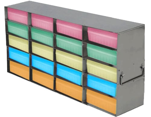 Upright Freezer Racks for 100-Cell Hinged Plastic Storage Boxes | 20 Boxes Total | Yellow Boxes