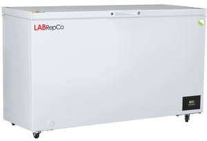 LabRepCo labeled chest style freezer with 15 Cu. Ft. interior capacity. Has open lid style door on top of unit and white exterior