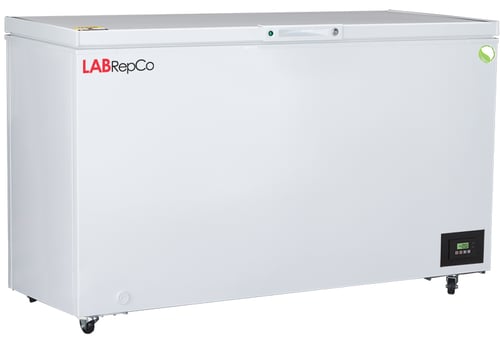 LabRepCo labeled chest style freezer with 15 Cu. Ft. interior capacity. Has open lid style door on top of unit and white exterior