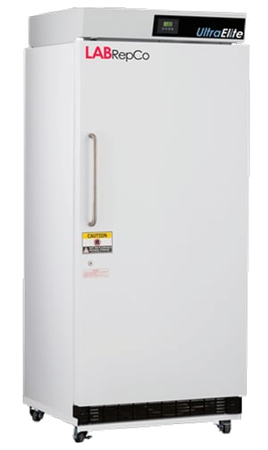 LabRepCo labeled Series freezer with 30 Cu. Ft. interior capacity with solid white door that is closed with metal pull handle. Also has a temperature display and key lock at the top of the unit and large warning sticker on the front of the unit. Showing casters