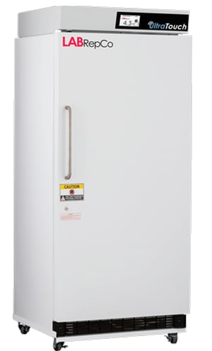 LabRepCo labeled freezer with 30 Cu. Ft. interior capacity with solid white door that is closed with metal pull handle. Also has a touch display screen and is showing casters