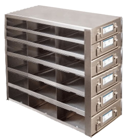 Upright Freezer Drawer Racks for 100-Cell Hinged Plastic Storage Boxes - 18 Boxes Total