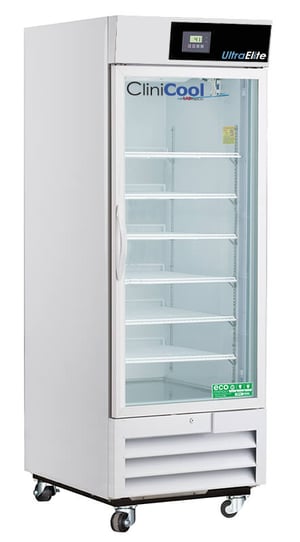 LabRepCo CliniCool© Ultra Series 26 Cu. Ft. Pharmacy/Vaccine Refrigerator with a closed Hinged Glass Door, pull handle, and temperature display at the top of the unit