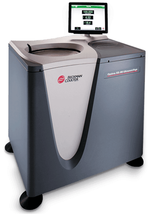 Beckman Coulter Optima XE-90 Ultracentrifuge, a high-speed centrifuge with a sleek gray and white design, featuring a digital touchscreen display for precise control of rotor speed and settings.