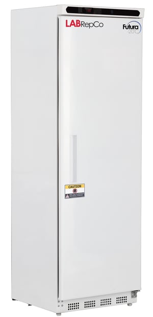 LabRepCo labeled freezer with 14 Cu. Ft. interior capacity that has a solid white exterior and closed door with recessed handle on the front of the door