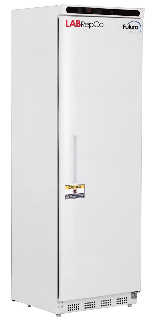 LabRepCo labeled freezer with 14 Cu. Ft. interior capacity that has a solid white exterior and closed door with recessed handle on the front of the door