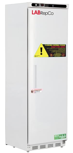 LabRepCo labeled freezer with 14 Cu. Ft. interior capacity with solid white door that is closed with a recessed handle. Also has a temperature display and key lock at the top of the unit and large warning sticker on the front of the unit