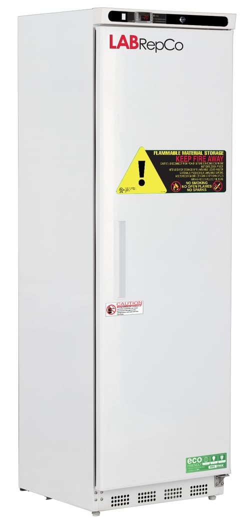 LabRepCo labeled freezer with 14 Cu. Ft. interior capacity with solid white door that is closed with a recessed handle. Also has a temperature display and key lock at the top of the unit and large warning sticker on the front of the unit