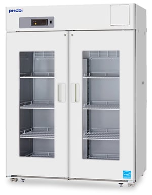 PHCbi MPR Series 48 Cu. Ft. Laboratory Refrigerator with Hinged Glass Doors that have windows and you can see the drawers through the windows, also has temperature display at the top of the unit