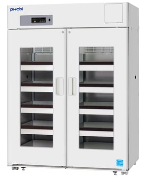 PHCbi MPR Series 48 Cu. Ft. Laboratory Refrigerator with Hinged Glass Doors that have windows and you can see the drawers through the windows, also showing casters and temperature display at the top of the unit