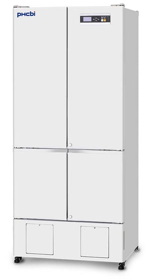 PHCbi MPR Series 16 Cu. Ft. Dual Temperature Medical-Grade Refrigerator / Freezer combination unit with solid doors that are closed
