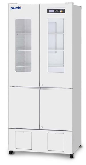 PHCbi MPR Series 16 Cu. Ft. Dual Temperature Medical-Grade Refrigerator / Freezer combination unit with glass windowed doors that are closed