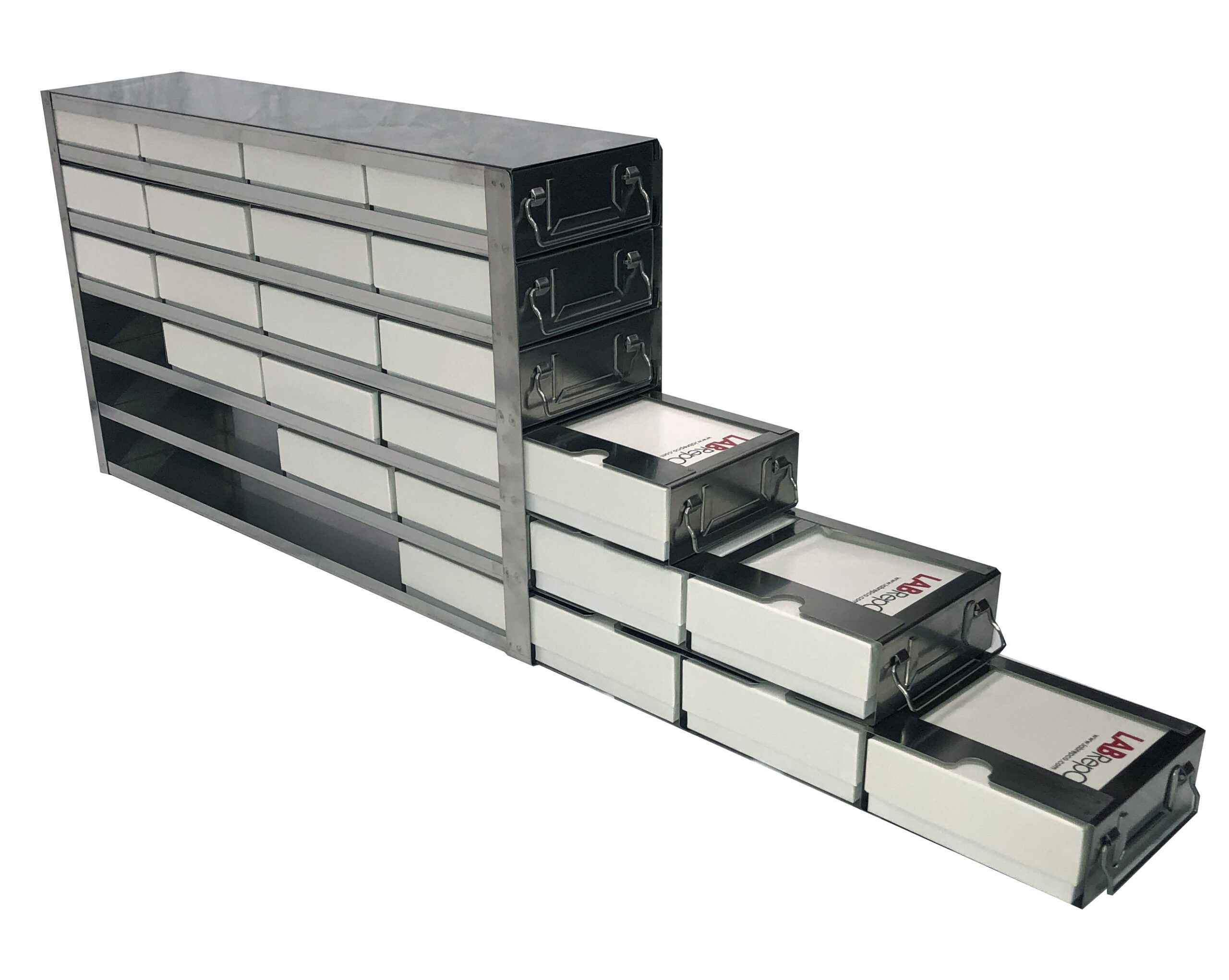 Upright Freezer Rack with Drawers for Cardboard 2" Boxes (100 Cell Dividers) for PHCbi Upright Freezers - 4 Boxes Deep x 6 Boxes High (side access) - Image 3