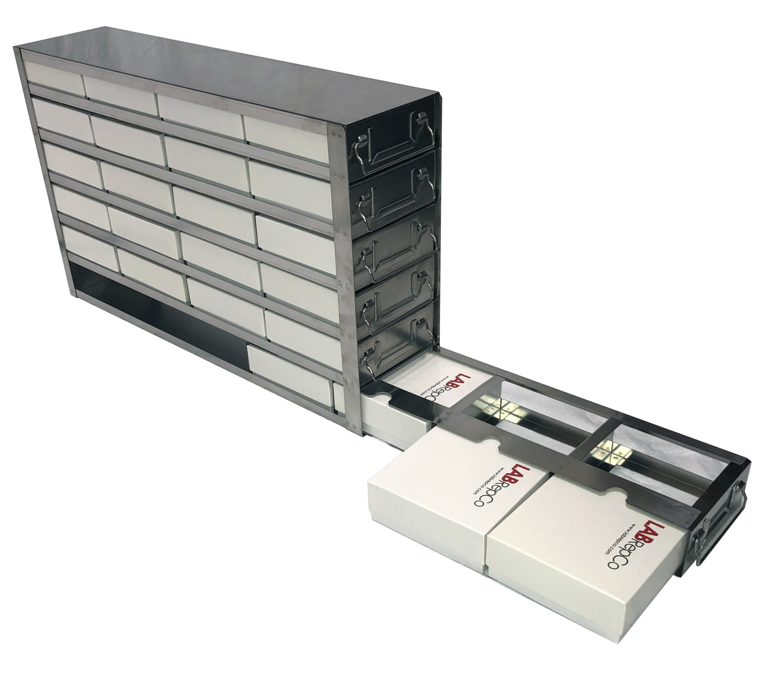 Upright Freezer Rack with Drawers for Cardboard 2" Boxes (100 Cell Dividers) for PHCbi Upright Freezers - 4 Boxes Deep x 6 Boxes High (side access) - Image 4