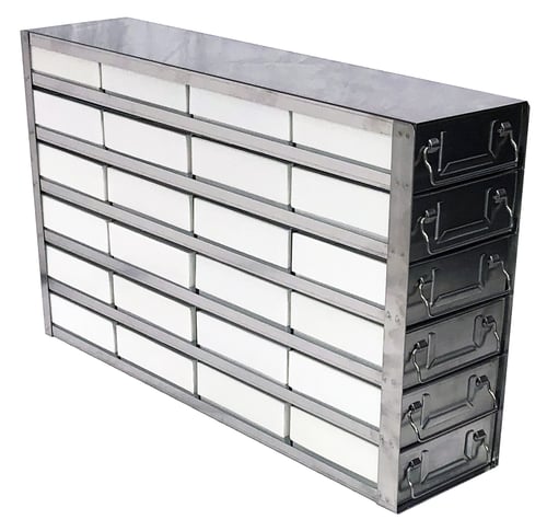 Upright Freezer Rack with Drawers for Cardboard 2" Boxes (100 Cell Dividers) for PHCbi Upright Freezers - 4 Boxes Deep x 6 Boxes High (side access)