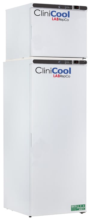 Clinicool labeled 12 cu.ft. Medical Grade Refrigerator & Freezer Stacked Combo unit with 10.5 fridge & 1.7 freezer interior capacity. Fridge and freezer both have closed solid doors