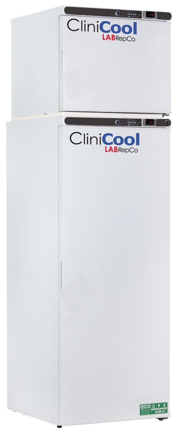 Clinicool labeled 12 cu.ft. Medical Grade Refrigerator & Freezer Stacked Combo unit with 10.5 fridge & 1.7 freezer interior capacity. Fridge and freezer both have closed solid doors