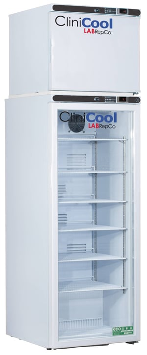 Clinicool labeled 12 cu.ft. medical grade Refrigerator & Freezer Stacked Combo unit with 10.5 fridge & 1.7 freezer interior capacity. Fridge has closed glass door, and freezer has closed solid door
