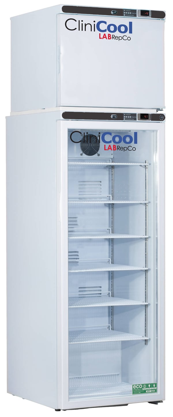Clinicool labeled 12 cu.ft. medical grade Refrigerator & Freezer Stacked Combo unit with 10.5 fridge & 1.7 freezer interior capacity. Fridge has closed glass door, and freezer has closed solid door