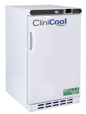 LabRepCo CliniCool Silver Series 2.5 Cu. Ft. built-in undercounter Medical-Grade Refrigerator for Vaccine Storage with a closed solid door and recessed handle on the side of the door